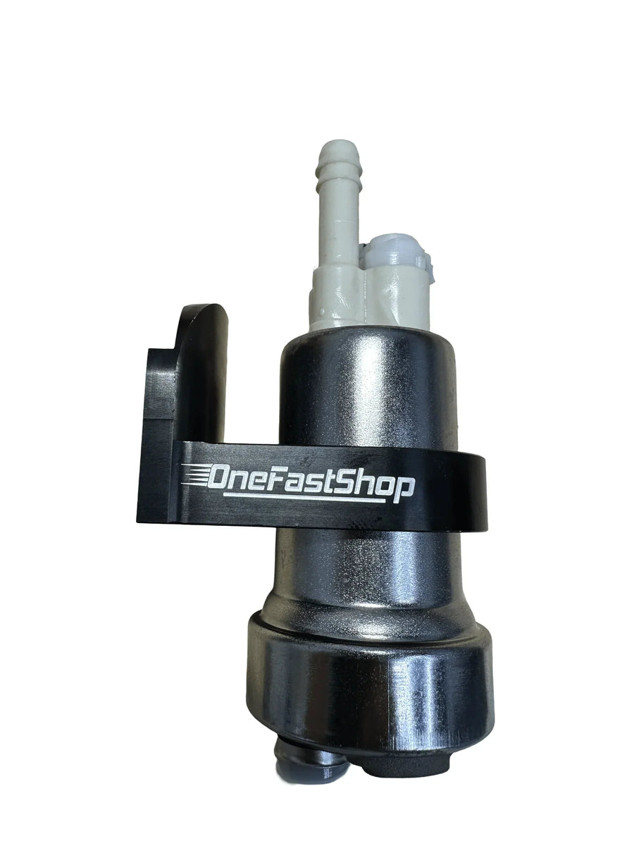 OneFastShop CNC billet 6061 aluminum 39mm fuel pump bracket with black anodized finish