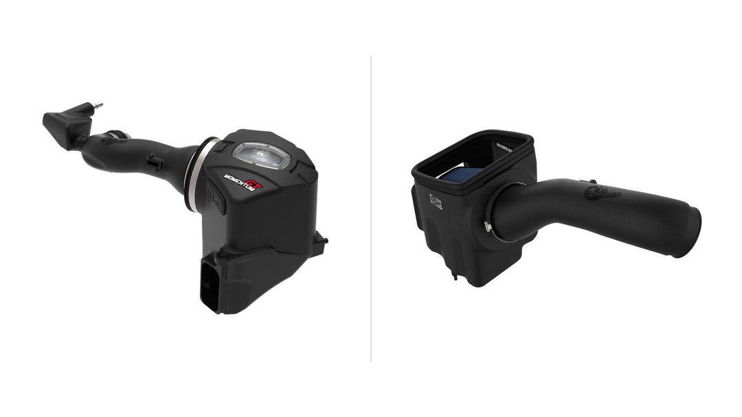 aFe Momentum GT sealed cold air intake with sight window next to aFe Magnum FORCE Stage-2 open intake with blue Pro 5R filter