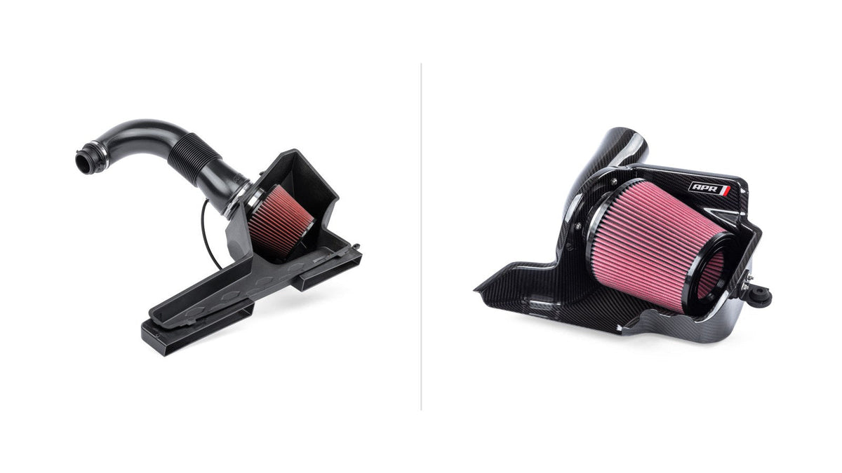 APR MQB EVO intake system for Mk8 GTI next to APR open carbon fiber intake system for MQB 2.0T