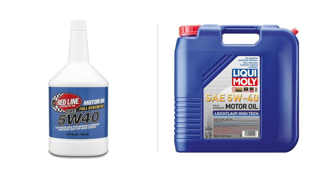 Red Line 5W40 synthetic motor oil quart next to Liqui Moly Leichtlauf High Tech 5W-40, oils for tuned BMW engines