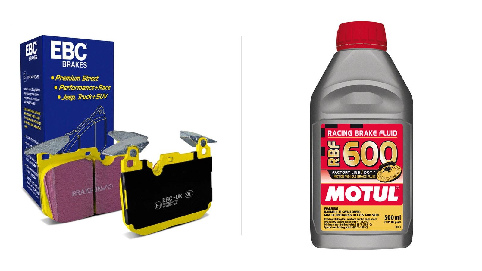 EBC Yellowstuff brake pads next to Motul RBF 600 racing brake fluid, the two fixes for brake fade