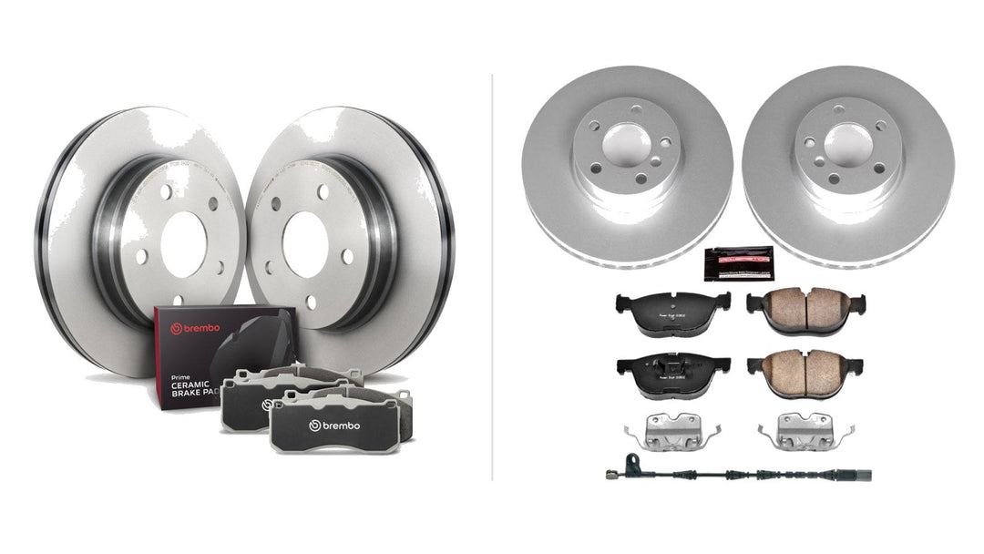 Brembo OE coated rotors with Prime ceramic brake pads next to a PowerStop Evolution brake kit with rotors, pads, hardware and wear sensor
