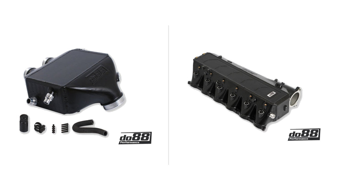 do88 performance intercooler for BMW F8x M3 M4 next to do88 charge cooler manifold for BMW B58 Gen 2 and Toyota GR Supra