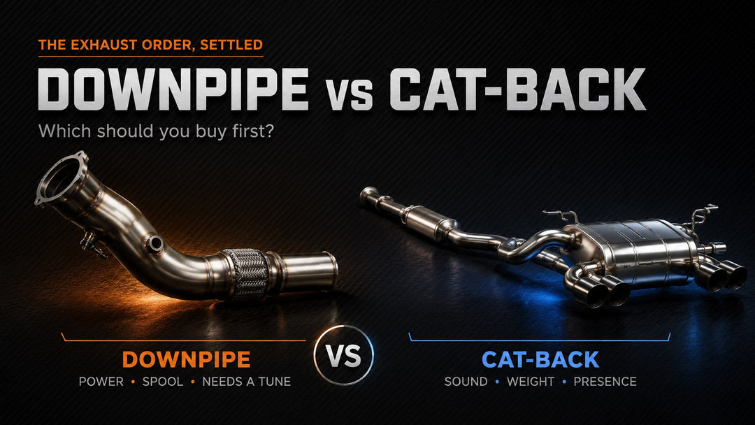 Downpipe vs cat-back exhaust comparison, turbo downpipe for power and spool next to quad-tip cat-back for sound and presence