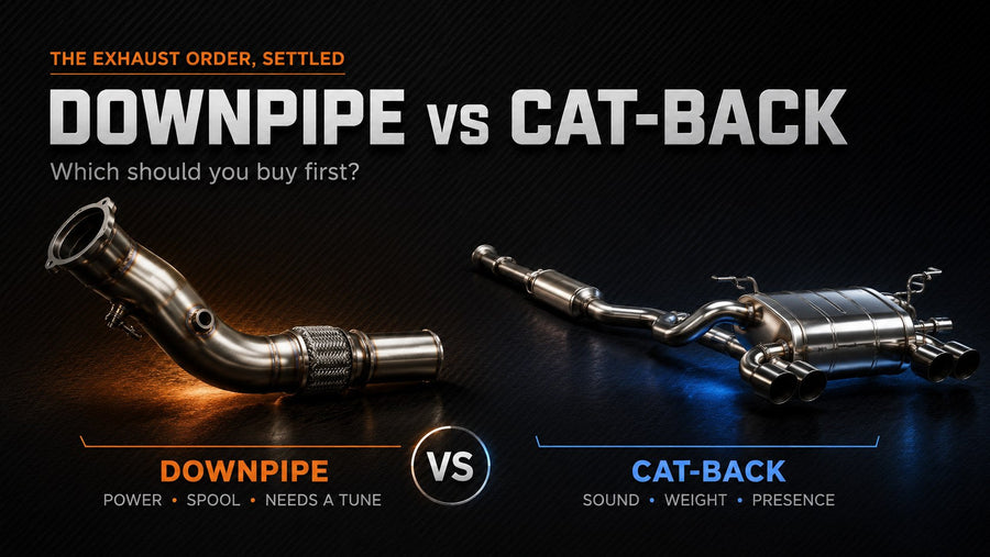 Downpipe vs cat-back exhaust comparison, turbo downpipe for power and spool next to quad-tip cat-back for sound and presence