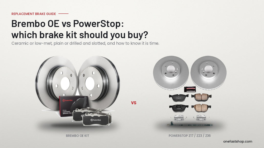 Brembo OE and PowerStop replacement brake kits on a studio backdrop
