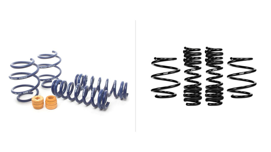 H&R blue Sport lowering springs next to Eibach black Pro-Kit lowering springs, side by side comparison