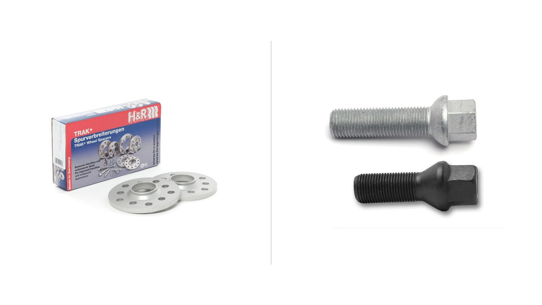 H&R TRAK+ wheel spacer pair with retail box next to silver ball seat and black tapered seat H&R wheel bolts