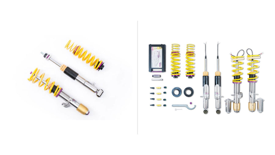 KW V3 coilover kit next to KW DDC coilover kit with electronic damper wiring, side by side comparison