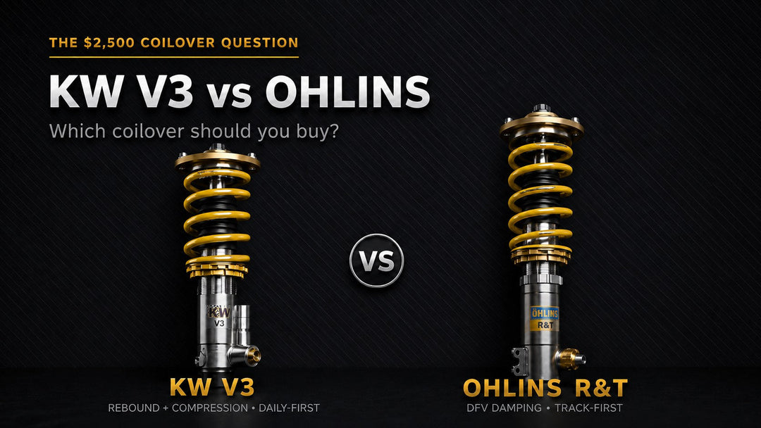 KW V3 vs Ohlins Road and Track coilover comparison, KW V3 rebound and compression adjustable next to Ohlins R&T with DFV damping