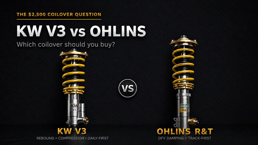 KW V3 vs Ohlins Road and Track coilover comparison, KW V3 rebound and compression adjustable next to Ohlins R&T with DFV damping