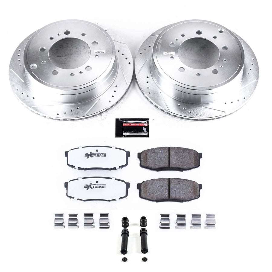 PowerStop Z36 Truck and Tow rear brake kit for the Toyota Tundra and Sequoia with drilled and slotted rotors, Z36 pads, hardware clips and lubricant