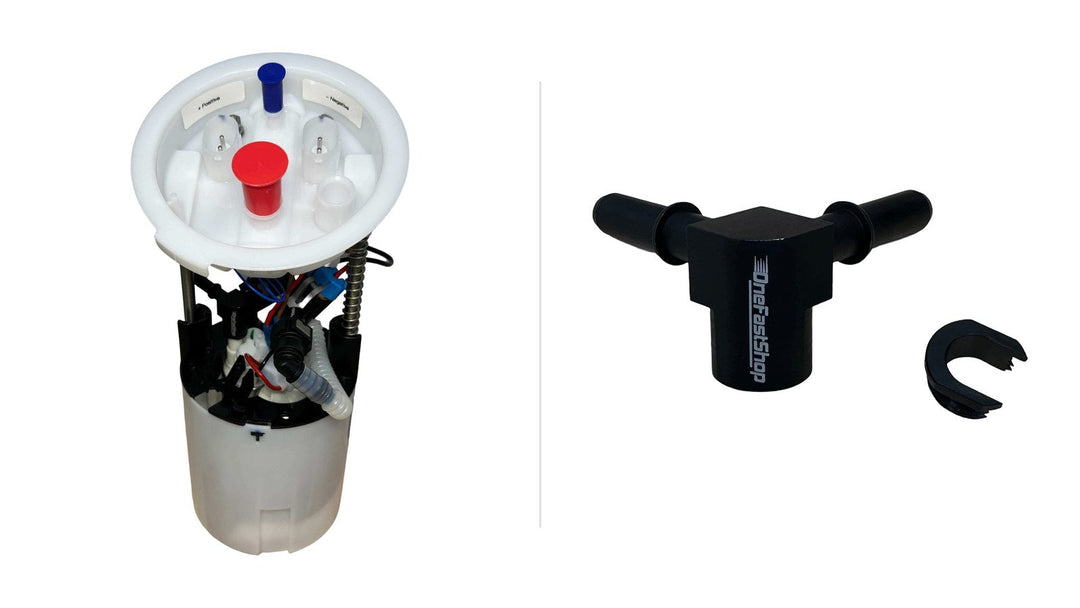 OneFastShop dual Walbro 450 BMW N54 Stage 3 LPFP assembly next to OneFastShop dual outlet 7.89mm fuel fitting splitter