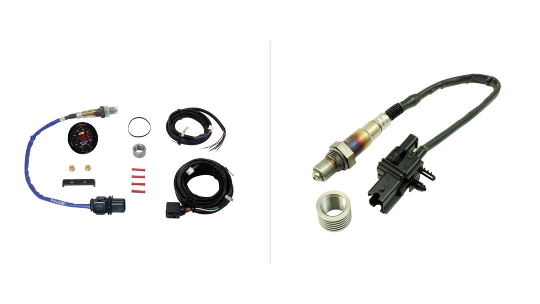 AEM X-Series wideband AFR gauge kit next to Bosch 4.9 LSU wideband oxygen sensor with weld-in bung