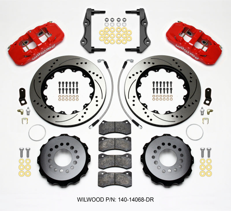 Wilwood AERO4 Rear Brake Kit 14.25in Drilled Red 2014-Up Challenger w/Lines - OneFastShop