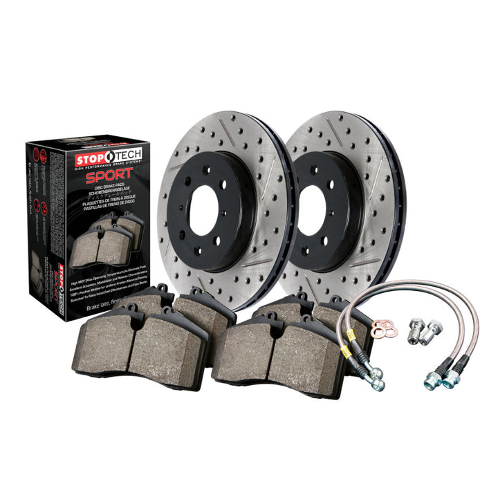 StopTech Sport Axle Pack, Drilled & Slotted Front Rotors, Sport Pads, Stainless Steel Lines - Fits Year Make Model - OneFastShop