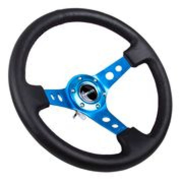 Nrg Reinforced Steering Wheel 350mm 3in Deep Black Leather Blue Circle Cutout Spokes - OneFastShop