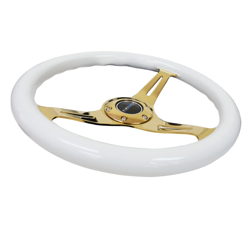 NRG Classic Wood Grain Steering Wheel 350mm White Grip with Chrome Gold 3-Spoke - Universal - OneFastShop