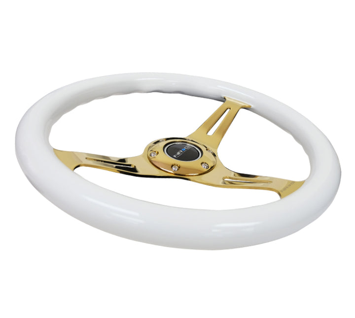 NRG Classic Wood Grain Steering Wheel 350mm White Grip with Chrome Gold 3-Spoke - Universal - OneFastShop