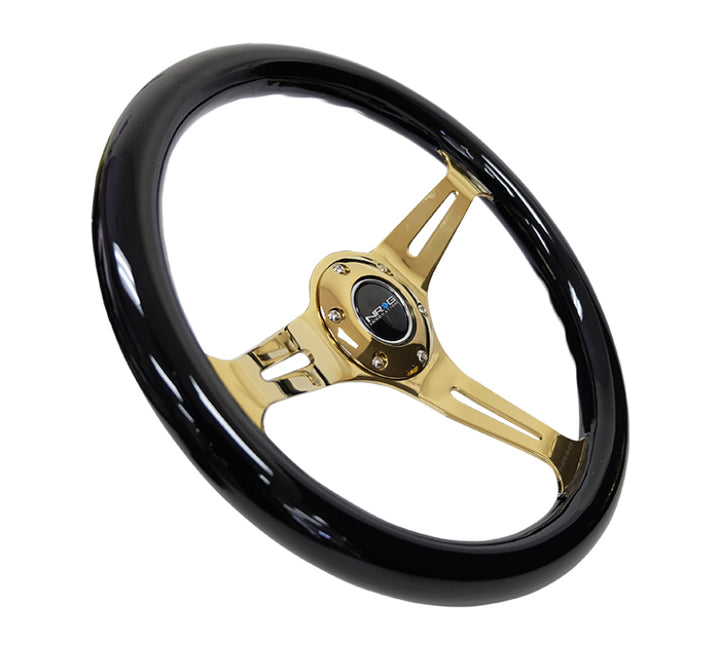 NRG Classic Wood Grain Steering Wheel 350mm Black Grip with Chrome Gold 3-Spoke - Universal - OneFastShop