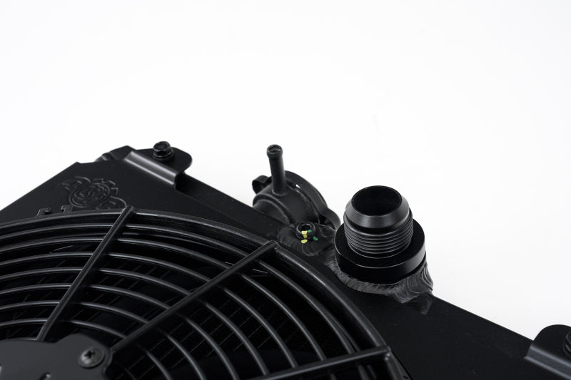 CSF Universal Half Radiator with 16AN Slip-On Fittings and 12in SPAL Fan Shroud Black Finish for 92-00 Honda Civic and Mitsubishi Evolution