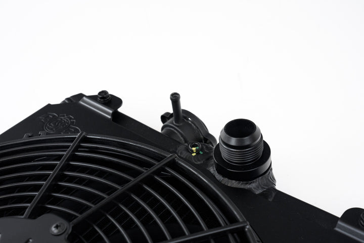 CSF Universal Half Radiator with 16AN Slip-On Fittings and 12in SPAL Fan Shroud Black Finish for 92-00 Honda Civic and Mitsubishi Evolution