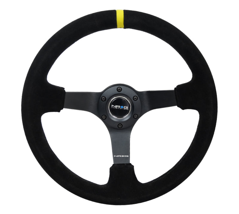 NRG Reinforced Steering Wheel with Blk Suede/X-Stitch (350mm / 3in. Deep) - Black Spoke & Yellow CM