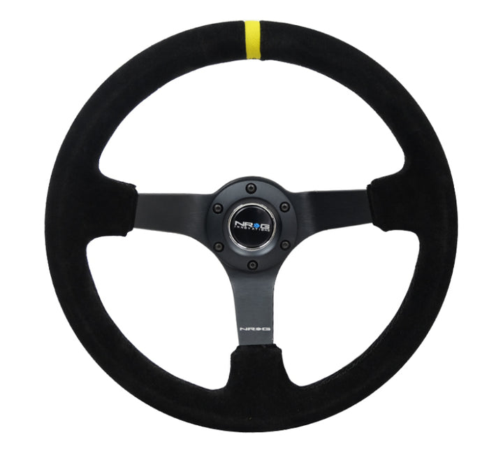 NRG Reinforced Steering Wheel with Blk Suede/X-Stitch (350mm / 3in. Deep) - Black Spoke & Yellow CM