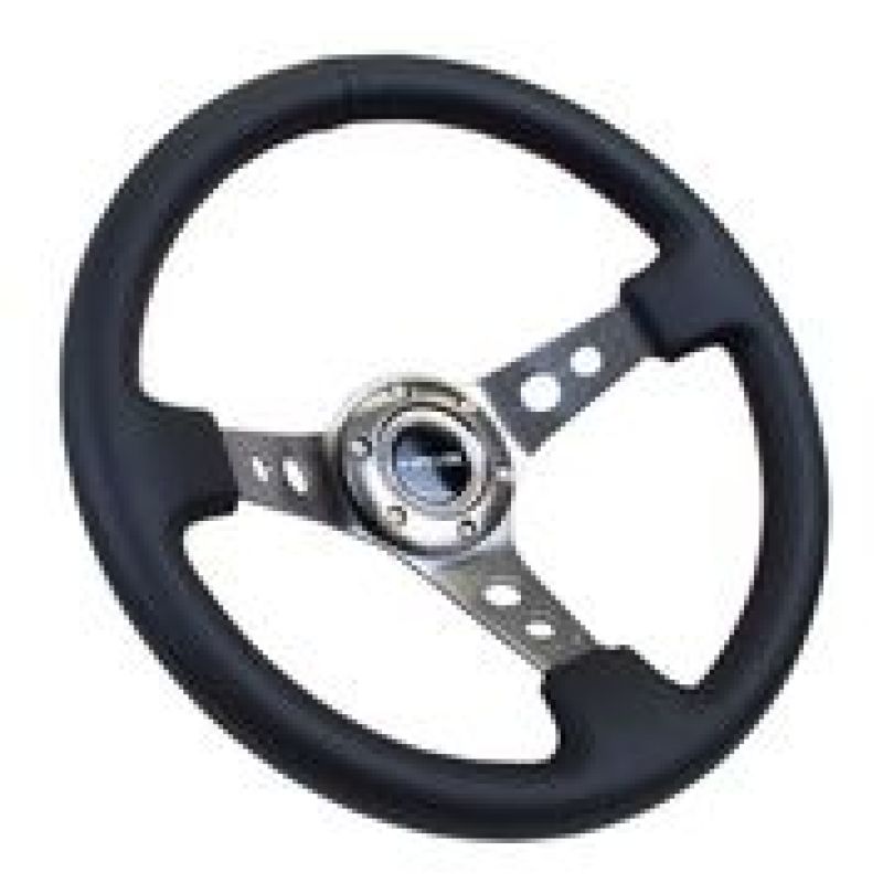 NRG Reinforced Steering Wheel with Black Leather and Gunmetal Circle Cutout Spokes