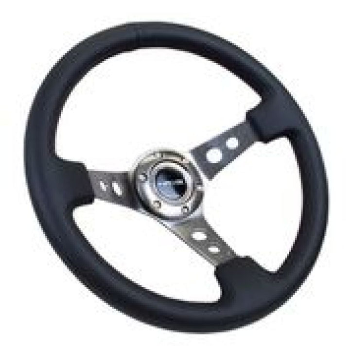 NRG Reinforced Steering Wheel with Black Leather and Gunmetal Circle Cutout Spokes - OneFastShop