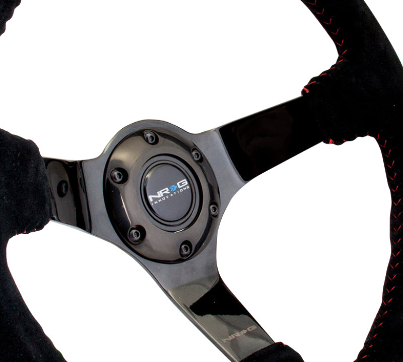 NRG Reinforced Steering Wheel 350mm/3in Deep Black Suede Red BBall Stitch Black 3-Spoke