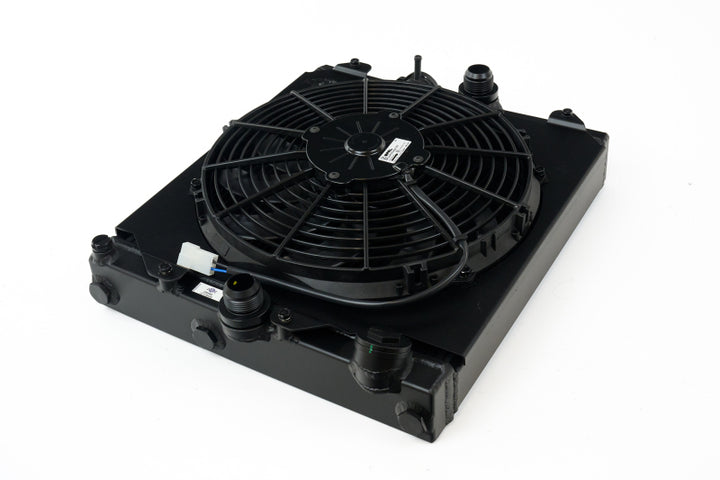 CSF Universal Half Radiator with 16AN Slip-On Fittings and 12in SPAL Fan Shroud Black Finish for 92-00 Honda Civic and Mitsubishi Evolution