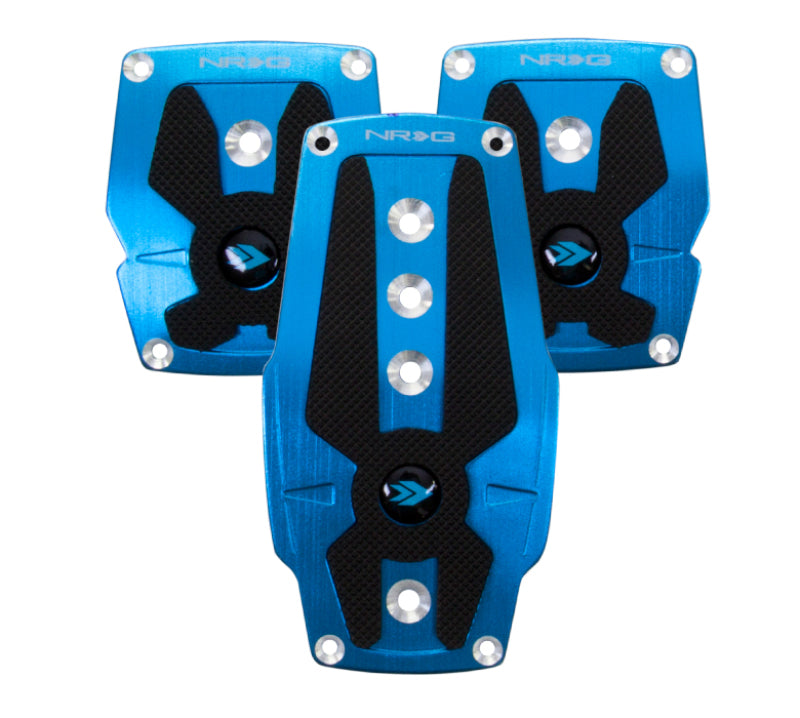 NRG Sport Pedal Covers - 3-Pedal M/T Set - Blue Brushed Aluminum with Black Rubber Inserts