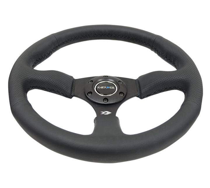 NRG Reinforced Steering Wheel – 350mm (2.5 in. Deep) Black Leather - OneFastShop