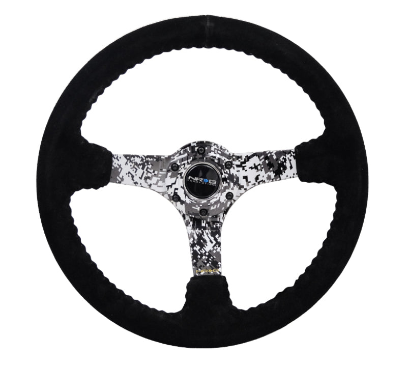 NRG Reinforced Steering Wheel 350mm 3in Deep Black Suede with Hydrodipped Digi-Camo Spokes - OneFastShop