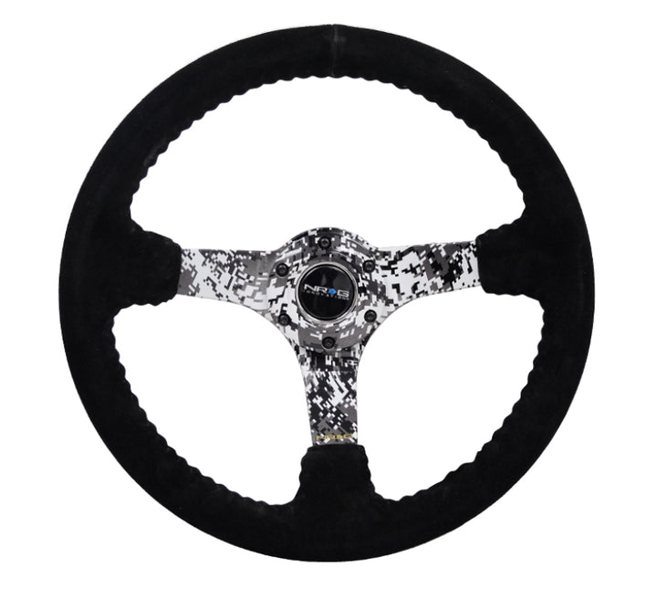 NRG Reinforced Steering Wheel 350mm 3in Deep Black Suede with Hydrodipped Digi-Camo Spokes - OneFastShop