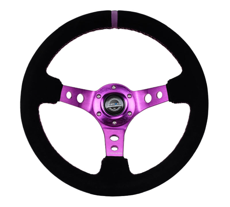 NRG Steering Wheel Reinforced Black Suede 350mm 3in Deep Purple Center Purple Stitching - OneFastShop