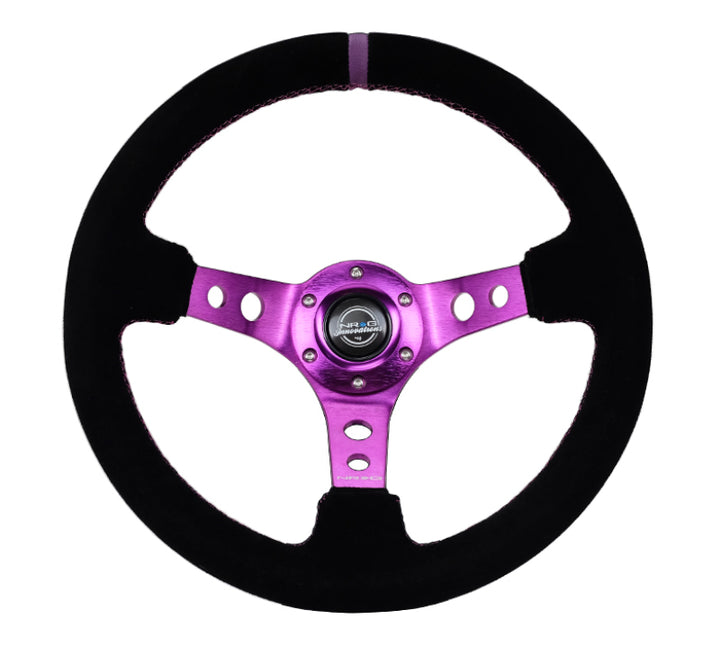 NRG Steering Wheel Reinforced Black Suede 350mm 3in Deep Purple Center Purple Stitching - OneFastShop