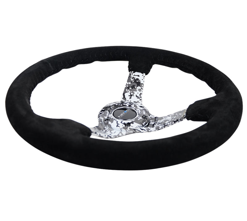 NRG Reinforced Steering Wheel 350mm 3in Deep Black Suede with Hydrodipped Digi-Camo Spokes - OneFastShop