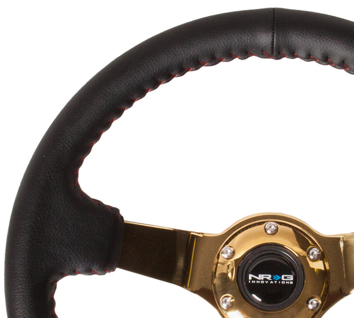 NRG Steering Wheel Reinforced 350mm 3in Deep Black Leather Red BBall Stitch 4mm Gold Spokes - OneFastShop