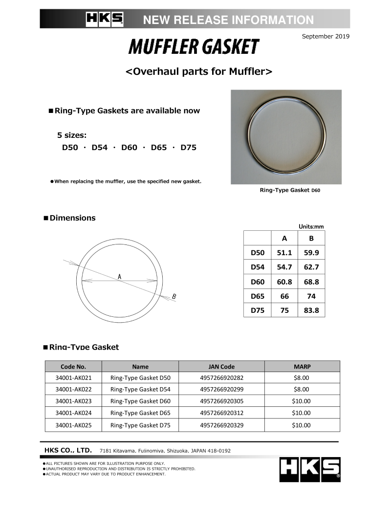 HKS Muffler Gasket 60.8mm ID 68.8mm OD for Performance Exhaust
