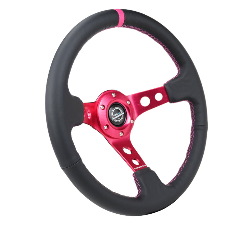 NRG Reinforced Steering Wheel 350mm/3in Black Leather Fushia Center Mark Fushia Stitching