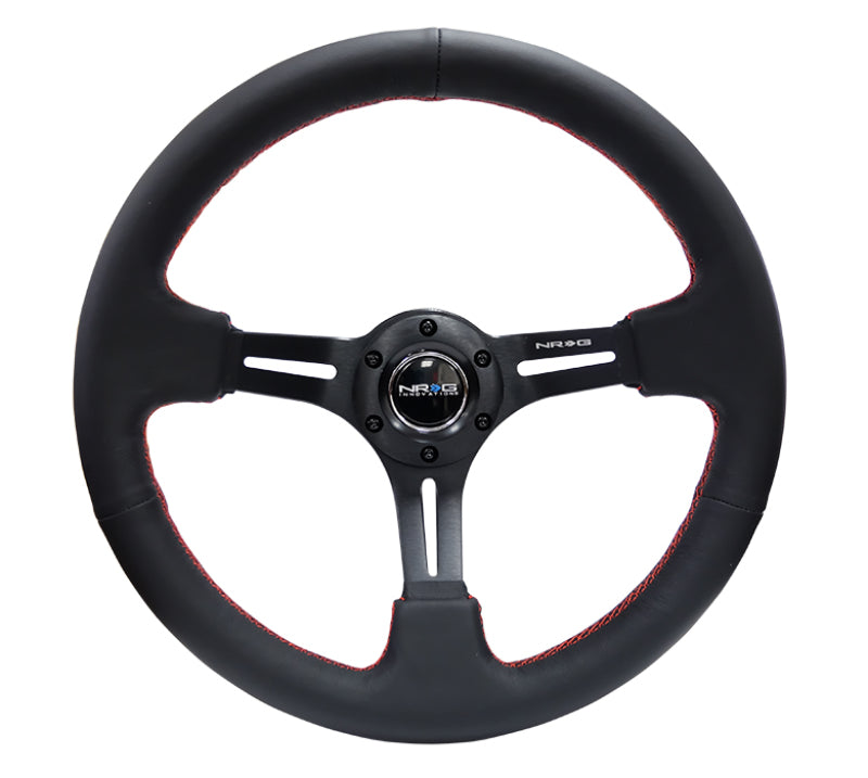 NRG Reinforced Steering Wheel Black Leather/Red Stitch 350mm/3in Deep Black 3-Spoke w/Slits