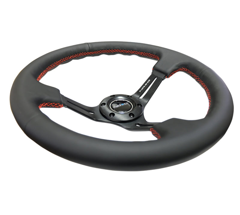 NRG Reinforced Steering Wheel Black Leather/Red Stitch 350mm/3in Deep Black 3-Spoke w/Slits