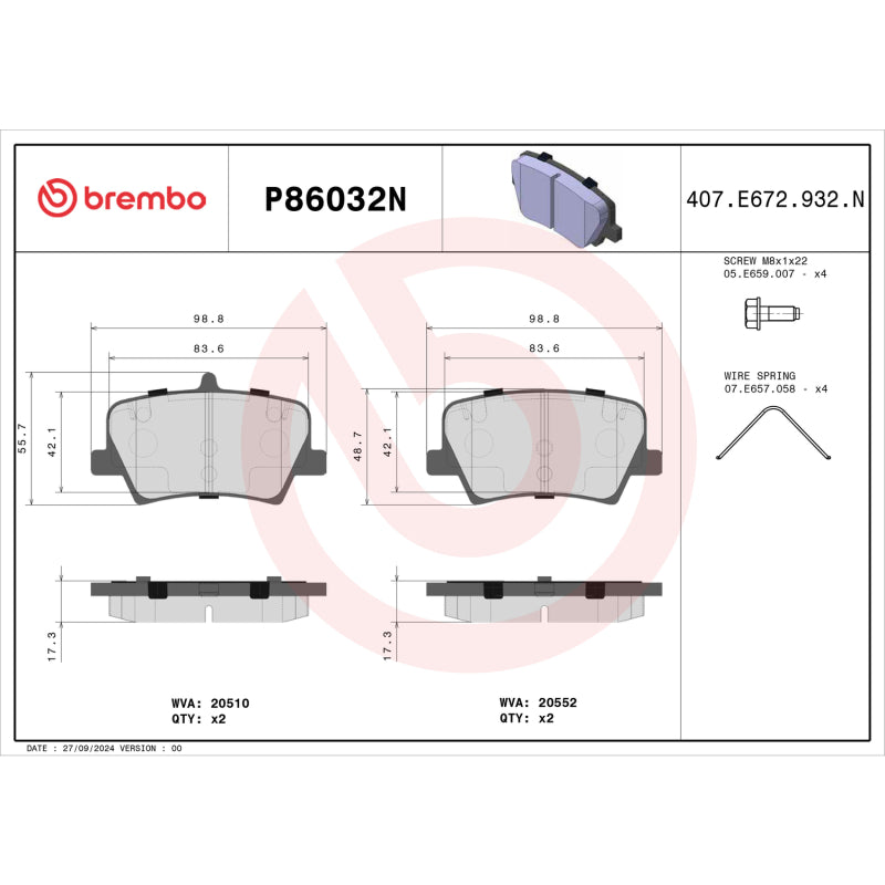 Brembo OE PRIME Ceramic Rear Brake Pad Set - Volvo XC40 2019-2024