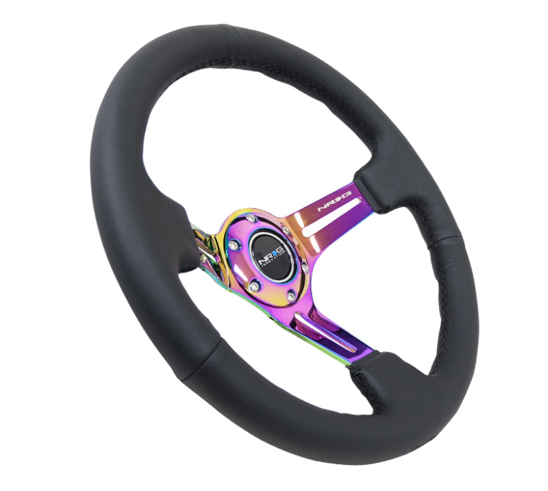 NRG Reinforced Steering Wheel 350mm 3in Deep Black Leather Black Stitch with Neochrome Slits