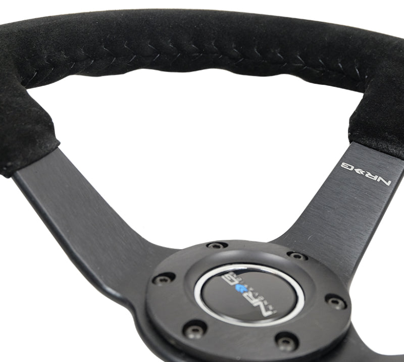 NRG Reinforced Steering Wheel - Blk Suede/Blk Bball Stitch (350mm / 3in. Deep)