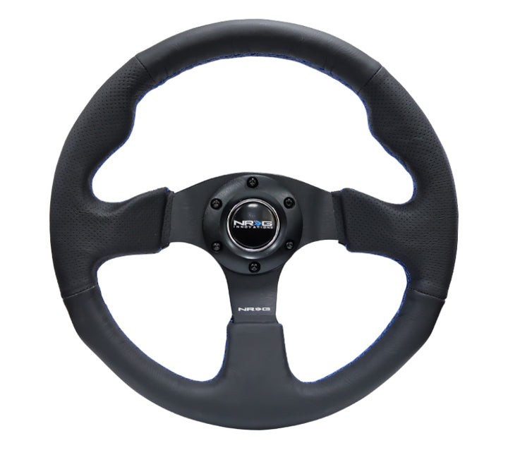 NRG Reinforced Steering Wheel Black Leather with Blue Stitching (320mm) - Vehicle Compatibility Not Provided - OneFastShop