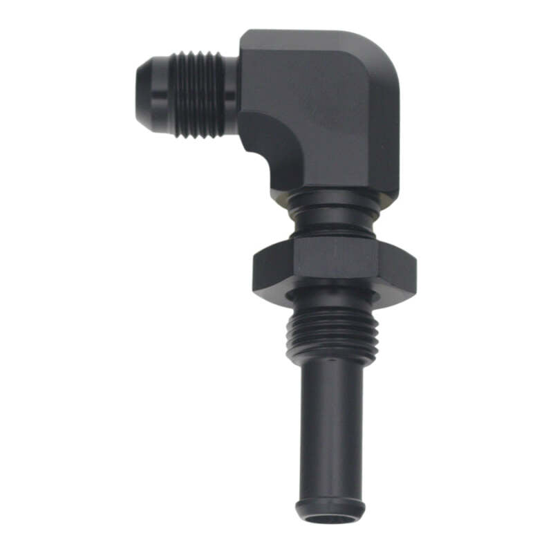 DeatschWerks 90-Degree Hose Barb Fuel Fitting - 6AN Male Flare to 3/8in Barb - Matte Black