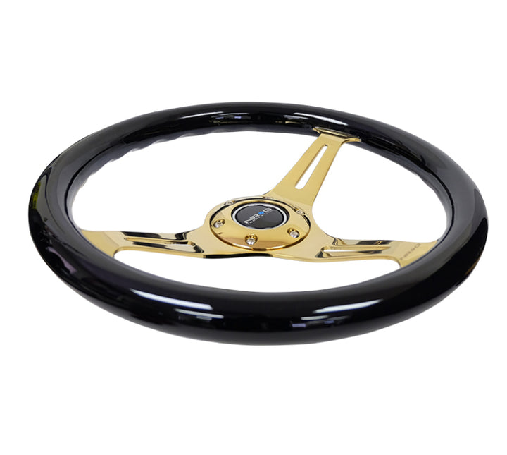 NRG Classic Wood Grain Steering Wheel 350mm Black Grip with Chrome Gold 3-Spoke - Universal - OneFastShop